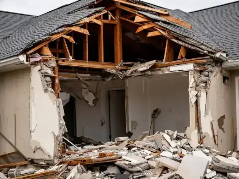 Structural collapse damage to residential property with exposed framing