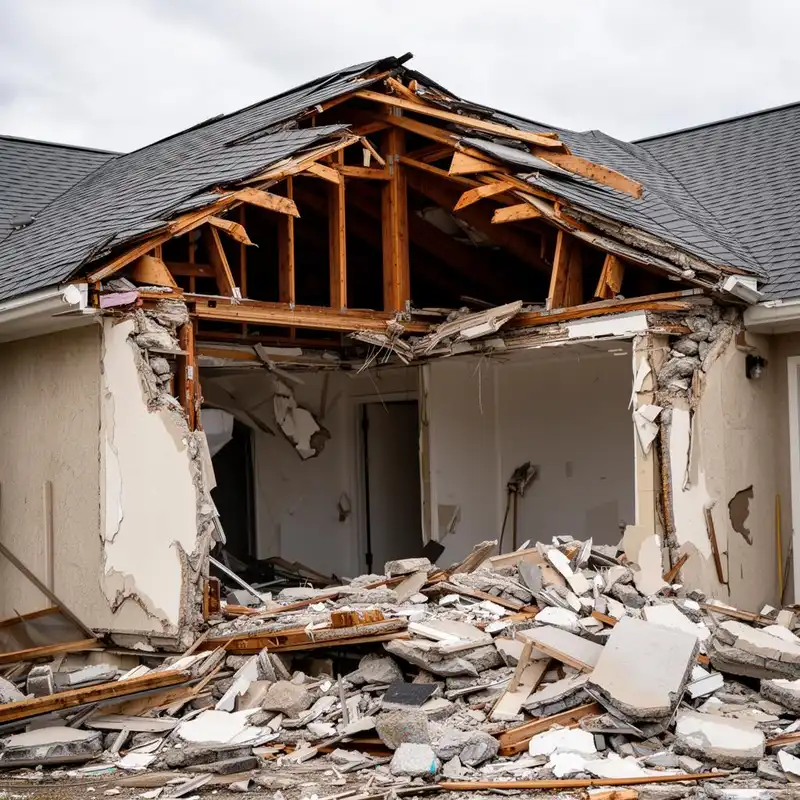 Structural collapse damage to residential property with exposed framing