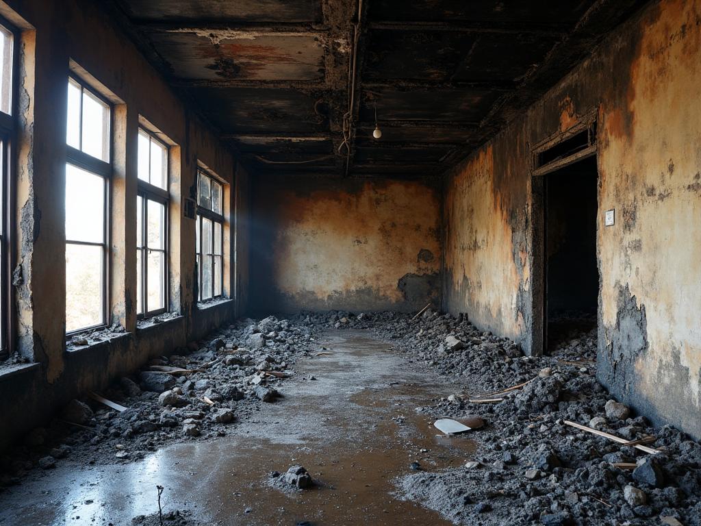 Commercial building fire damage showing charred walls and smoke damage
