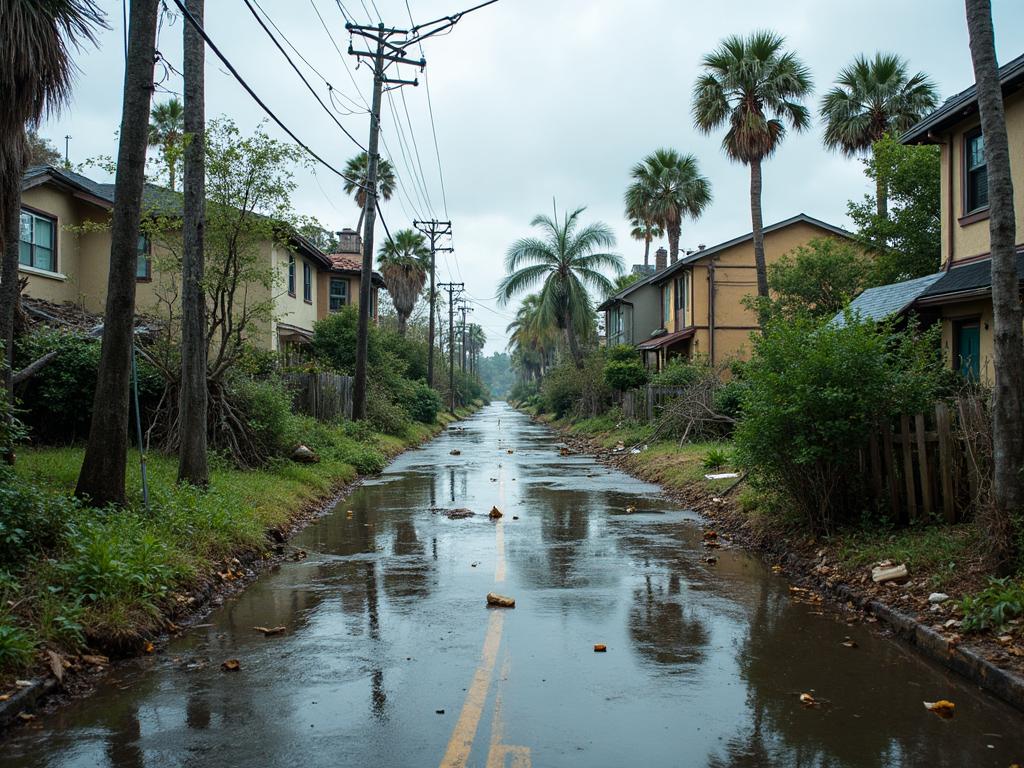 Hurricane damage aftermath showing flooded neighborhood with debris and fallen trees