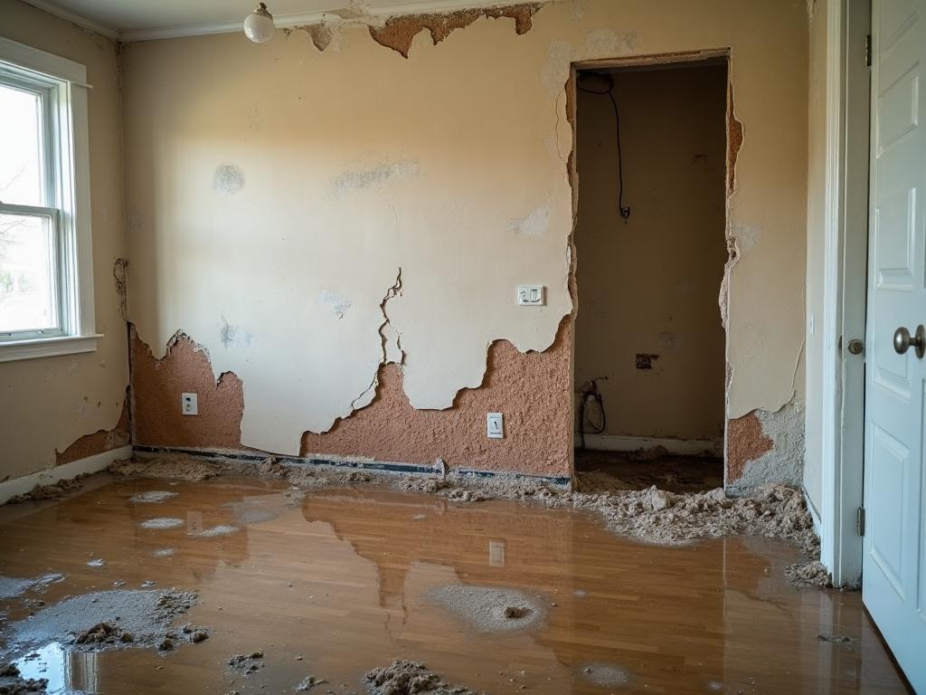 Severe interior water damage with damaged walls and flooding