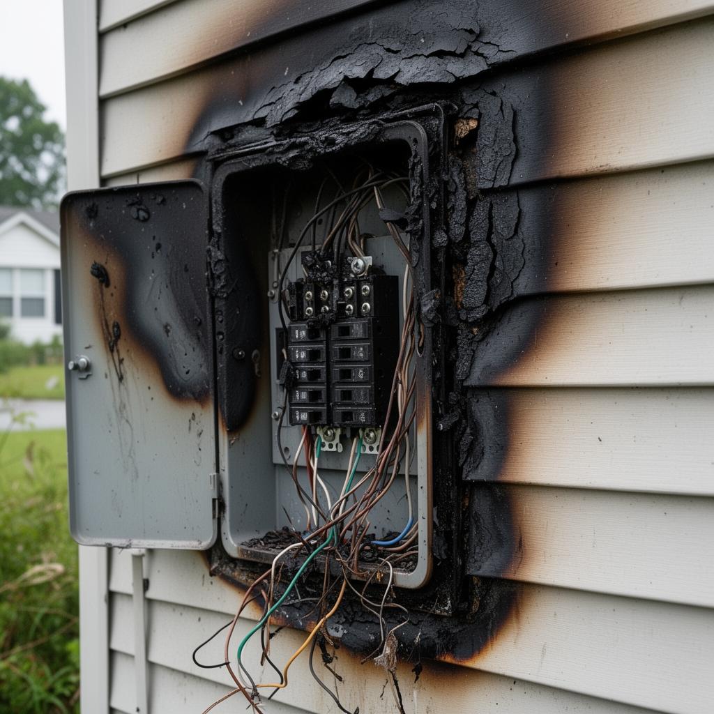 Lightning strike and power surge damage to residential electrical panel