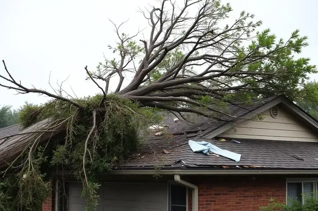 Severe storm wind damage to Nashville residential property with fallen tree on roof