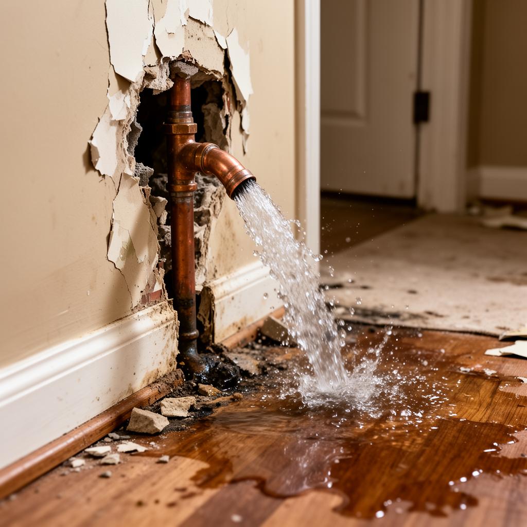 Burst pipe water damage inside home affecting drywall and flooring