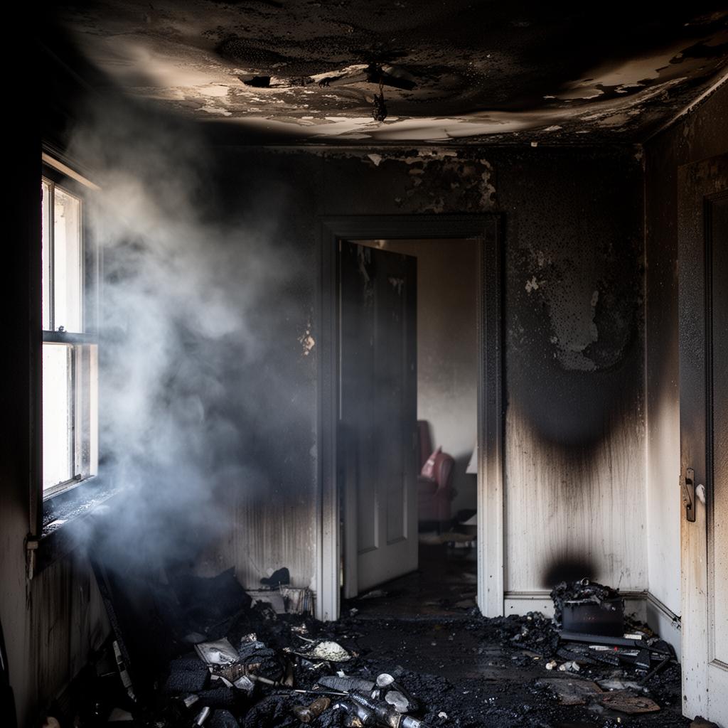 Smoke and soot residue damage on interior walls and ceiling after fire