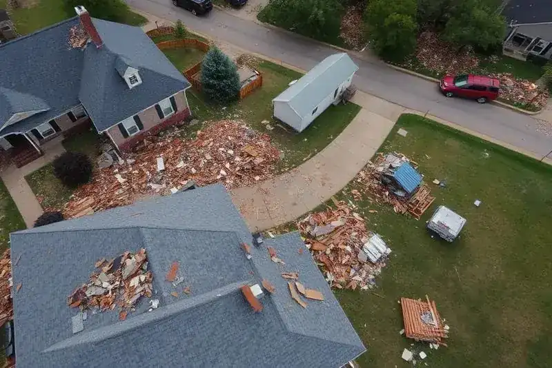Tornado and wind damage to Chattanooga-area residential roof after severe Tennessee storm