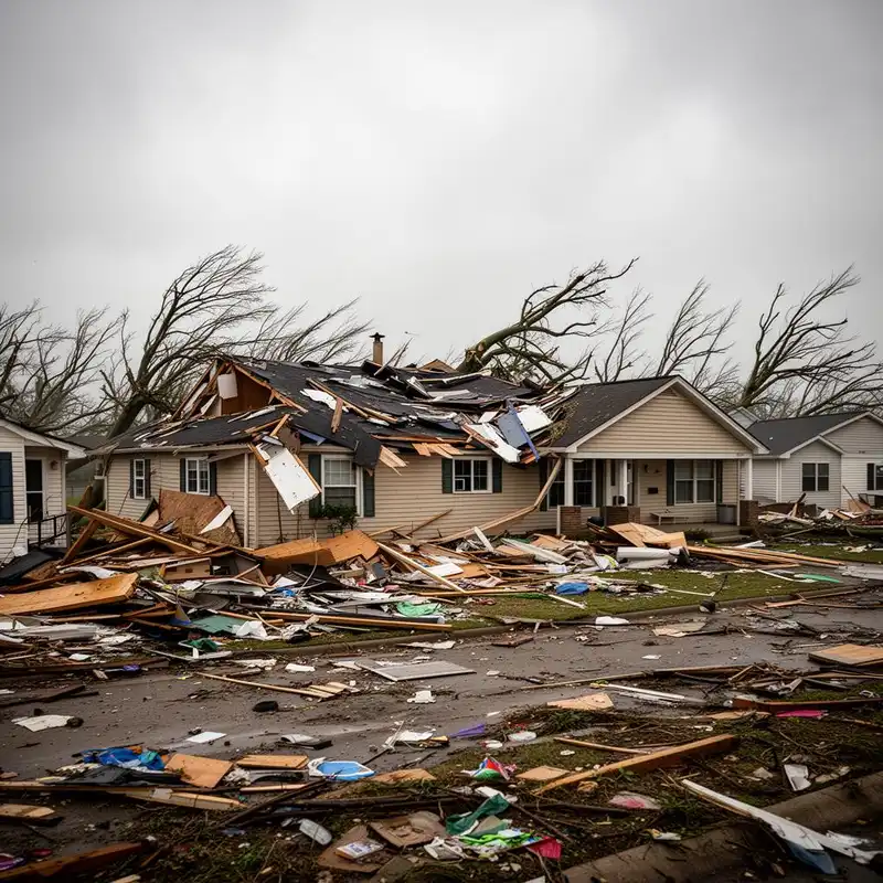 Tornado damage to roof and exterior of residential property with debris