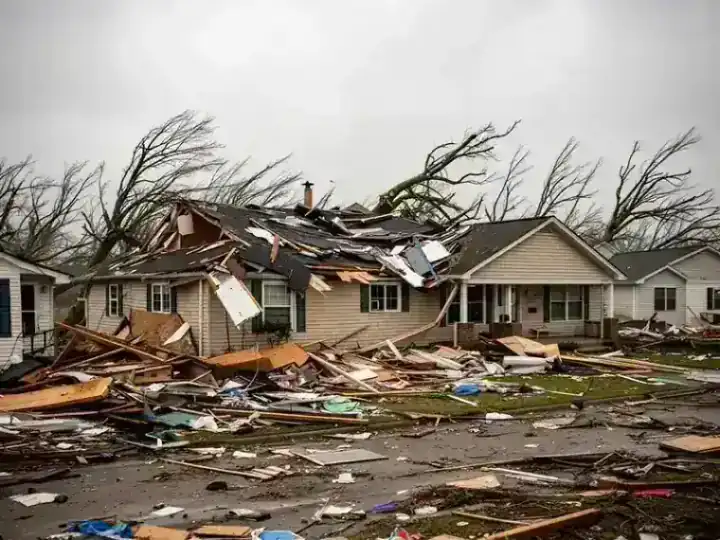 Tornado damage to roof and exterior of residential property with debris