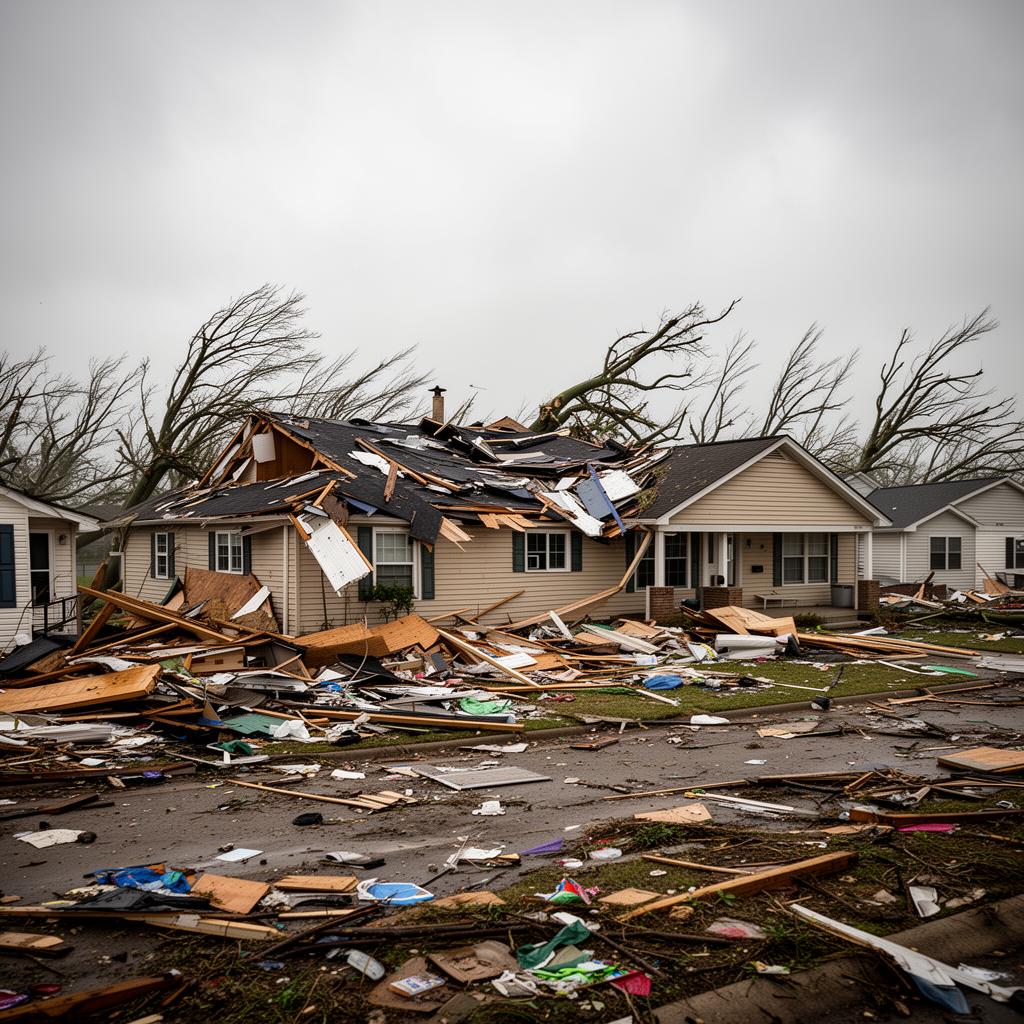 Tornado damage to roof and exterior of residential property with debris