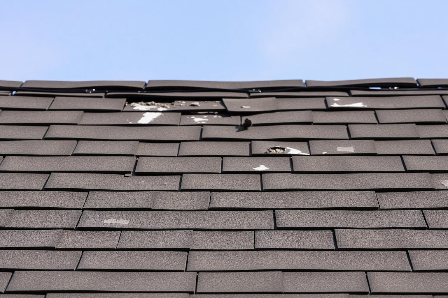Severe wind and hail damage to residential roof showing damaged shingles